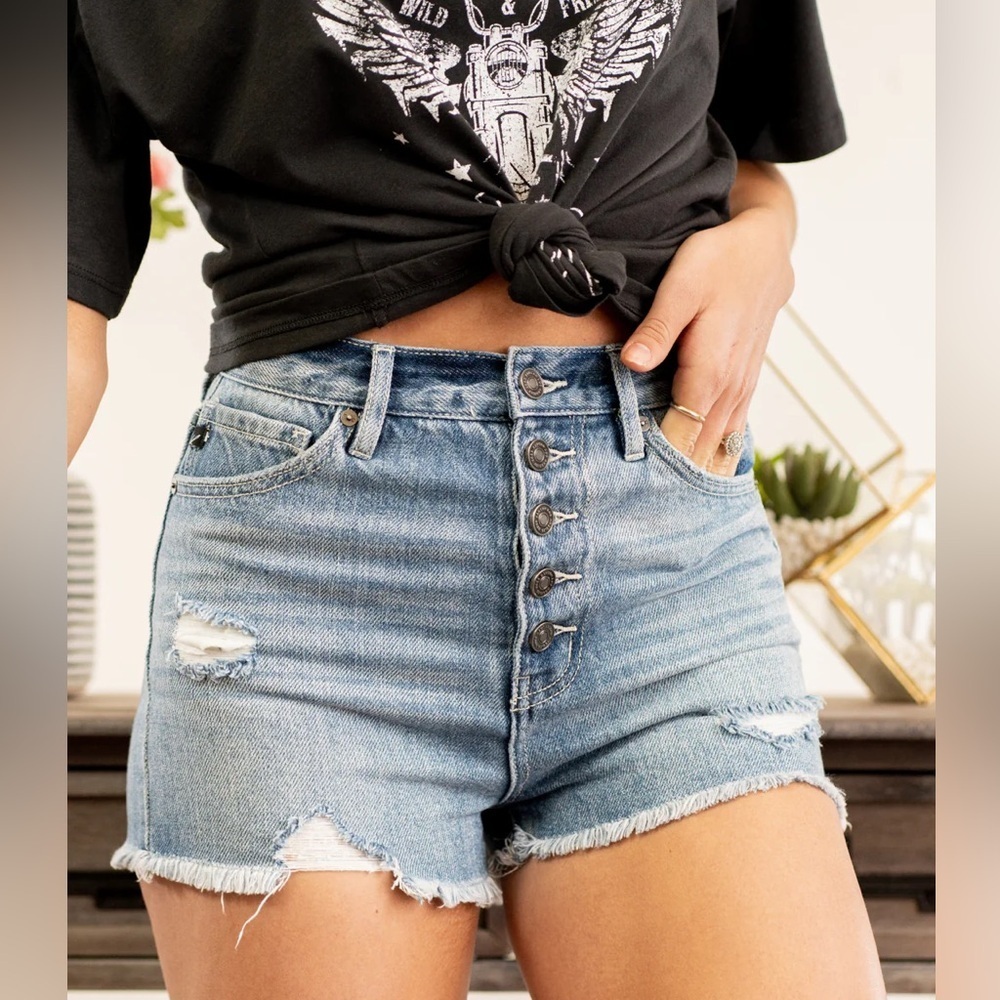 Kancan Fray Hem Exposed Button High Rise Jean Shorts Medium Wash Size Medium - Picture 1 of 11